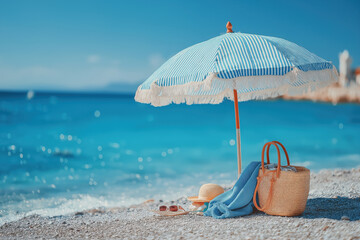 Parasol coloré avec affaires de plage sur sable fin face à la mer turquoise sous ciel bleu ensoleillé, ambiance estivale et tropicale