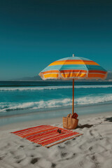Parasol coloré avec affaires de plage sur sable fin face à la mer turquoise sous ciel bleu ensoleillé, ambiance estivale et tropicale