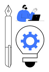 Fountain pen, gear inside light bulb, and man at laptop waving. Ideal for innovation, creativity, collaboration, tech solutions, ideas writing teamwork. Simple flat metaphor