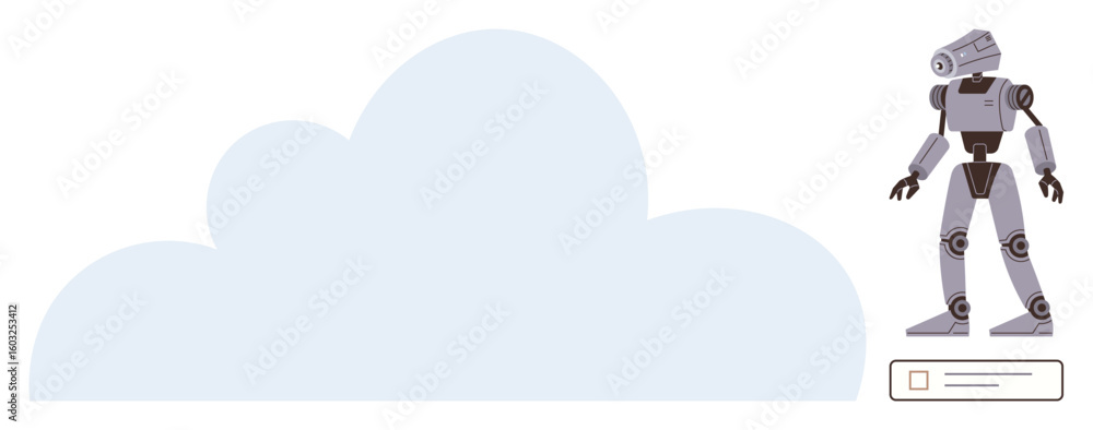 Poster robot positioned near cloud graphic representing ai, cloud computing, and innovation. ideal for tech