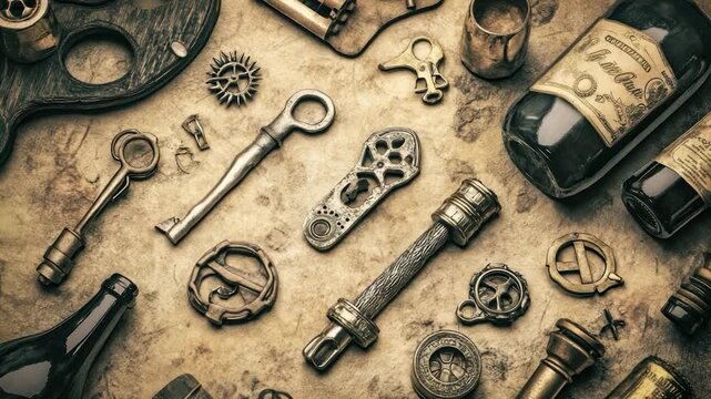 Antique metal objects on aged paper