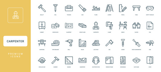 collection carpenter line icons tools equipment items for woodworking, File Bench Gloves Clamp