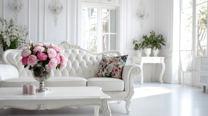 Elegant white living room with a luxurious sofa and floral accents.
