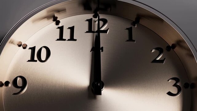 Close-up of clock face showing time at 12:00 with metallic finish  