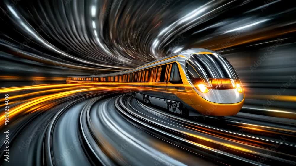 Poster fast-moving train navigating through a futuristic tunnel filled with vibrant lights