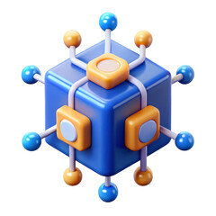 3D Blockchain Network Hub Icon with Glowing Digital Nodes Isolated on Transparent Background