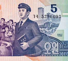 Banknote 5 Won North Korea 1998 Kim Il-sung University, Mangyongdae School Childrens' Palace in Pyongyang and Symbol of an atom and nuclear power. Money of North Korea.