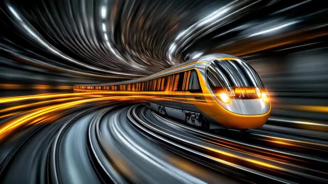 Fast-moving train navigating through a futuristic tunnel filled with vibrant lights