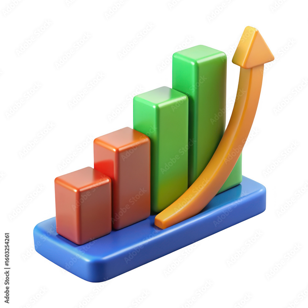 Poster 3d rendered growth chart with arrow on transparent background