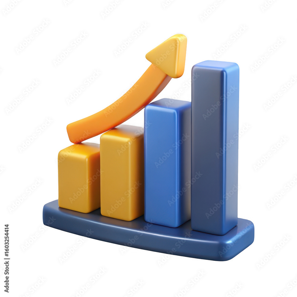 Poster 3d bar graph with upward arrow on transparent background