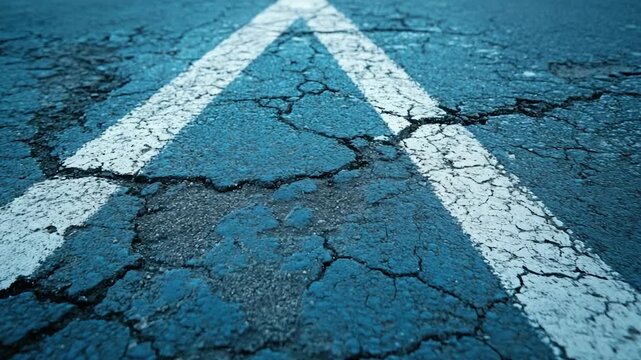 Cracked asphalt with white directional markings