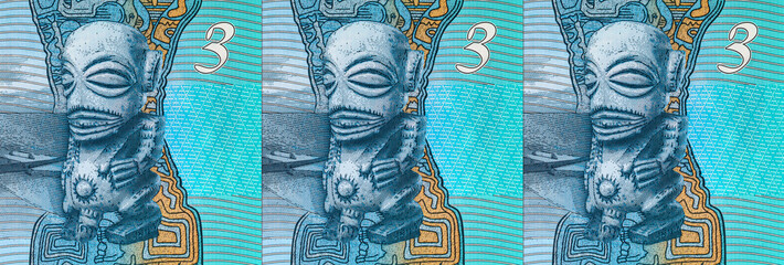 3 Dollars Banknote of the Cook Islands with the image of Carving of Tangaroa (God of the sea) and a man and his canoe . Polymer money of the Cook Islands