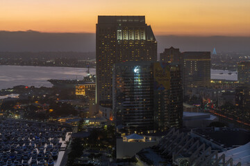 Rooftop view of San Diego downtown waterfront area at sunset