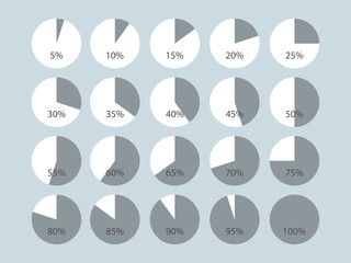 Flat circular percentage diagram set. Pie chart simple icons. Ideal for statistic, marketing visual, UI dashboard, education, data visualization, infographic, data report