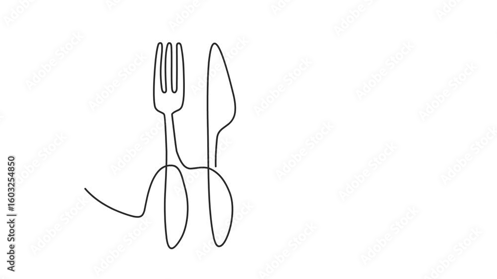 Poster animated self drawing of continuous line draw of plate, knife and fork. full length one line animati