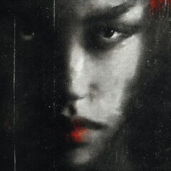 A black-and-white, grainy photo of the face of an woman with red lipstick. A blurred face with a grainy texture and a dark aesthetic. The background is dark, digital art style.