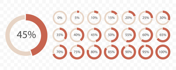 Vector set of percentage pie charts. Loading indicator icons. Progress bar circle. Flat infographic element for financial report, progress tracking, data visual design, business dashboard, mobile app