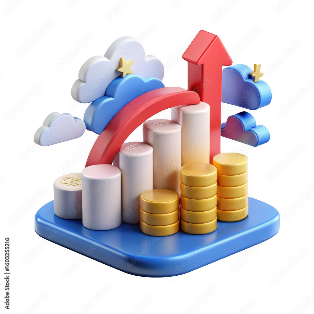 Poster 3d render of financial growth chart with arrow on transparent background
