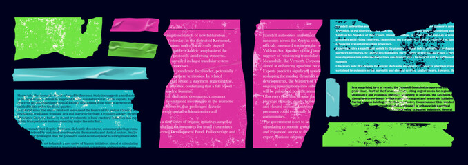 Set of torn paper magazine with scrap and scrapbook elements for collage. Rip blue, pink and green newspaper note with grunge texture.