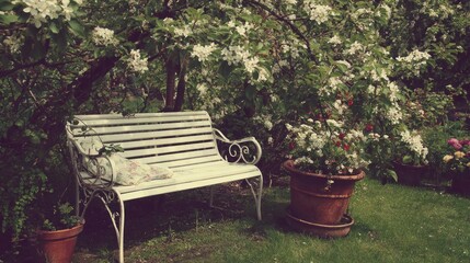 White garden bench beneath flowering trees.