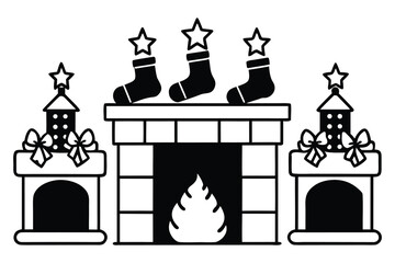 Obraz premium Black and white illustration of a fireplace with stockings and gifts