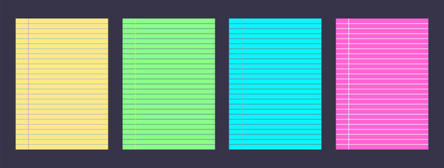 Set of lined legal pad paper. Blue, yellow, green, pink a4 notepad sheet. Vibrant templates for memo.