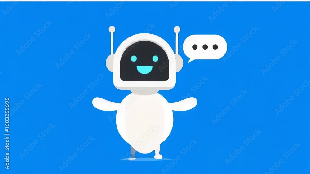 Poster cartoon style animation of a friendly robot character with a speech bubble on a blue background.