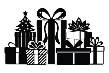 Black silhouette of Christmas gifts and tree present