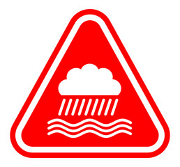 Red triangular warning sign with white cloud, heavy rain, and water waves symbol. PNG format with transparent background. Ideal for flood risk, storm warning, and weather hazard designs.