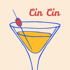 Hand-drawn food Italian poster with Martini. Template La Dolce Vita style. Cin CIn. Trendy design for yours prints. Vector doodle retro illustration