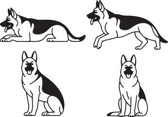 Naklejka premium Four German shepherd dog illustrations in silhouette and line art