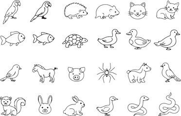 Animal Icons Collection, Pet Symbols Set, Wildlife Line Illustrations, Farm Creatures Pack, Black Outline Sketches, Cute Animal Faces, Nature Theme Vectors, Zoo Elements