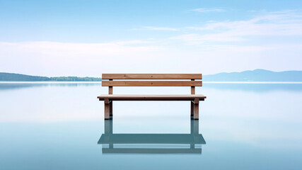A simple wooden park bench stands at the edge of a vast, calm lake, reflecting the clear blue sky and distant hazy mountains, evoking a sense of peace, solitude, and contemplation in a natural setting