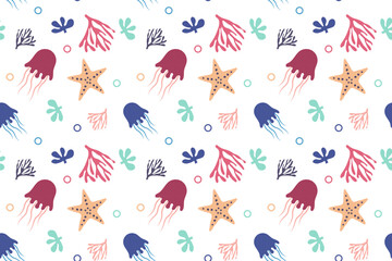 Seamless pattern of jellyfish and starfish on a white background. Vector illustration
