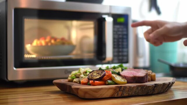 Roasted meat and vegetables in a microwave oven