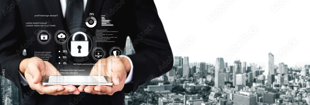 Poster cyber security protects against breaches, hacks, and network attacks using strong infrastructure and