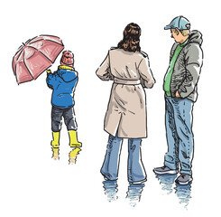 Family young city dwellers on walk, mother, father with little son, wet weather, realistic vector hand drawn illustration