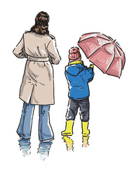 Mother with little son walking outdoors, wet weather, realistic vector hand drawn illustration
