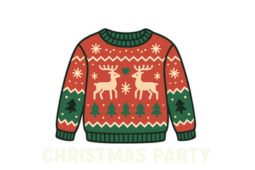 Vector illustration of a handmade knitted background with deers and snowflakes, featuring scandinavian ornaments in white, red, and green colors, in a flat style for an ugly sweater Christmas party
