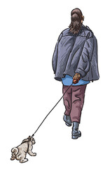 One casual city girl walking with dog outdoors, back view, realistic hand drawn vector illustration