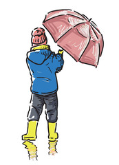 One little child with umbrella standing on street, back view, wet weather, realistic vector hand drawn illustration