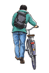 One young man with bicycle walking outdoors, back view, vector realistic hand drawn illustration
