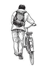 One young man with bicycle walking outdoors, back view, realistic sketch, hand drawn vector illustration