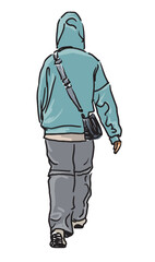 One  modern young citizen in hood, casual pedestrian walking outdoors, back view, realistic vector illustration