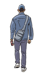 One casyal city man in hat, pedestrian walking outdoors, back view, realistic vector illustration