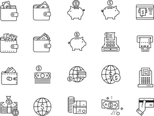 Finance Icons, Wallet Symbols, Piggy Bank, Cash Register, Dollar Coins, Receipt Printer, Credit Card Swipe, Globe Currency, Payment Terminal, Transaction Hand, Vector Set