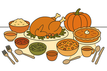 Vector cartoon illustration of a thanksgiving dish menu in top view on a table with roasted turkey, pumpkin, barry pie, and meat