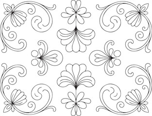 Obraz premium Decorative floral elements with swirling vines line drawing vector