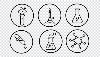 Science lab equipment icons collection. Chemistry experiment instrument set line art. Laboratory research education medical pharma. Simple outline style transparent background vector