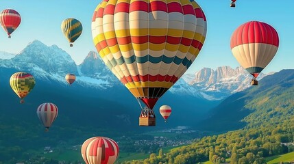 Fototapeta premium Colorful hot air balloons floating over green valley and snow-capped mountains on a sunny day with clear blue sky.